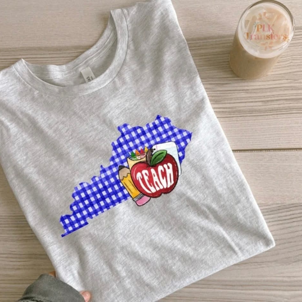 Gray Short Sleeve Tee with Blue Checkered Graphic